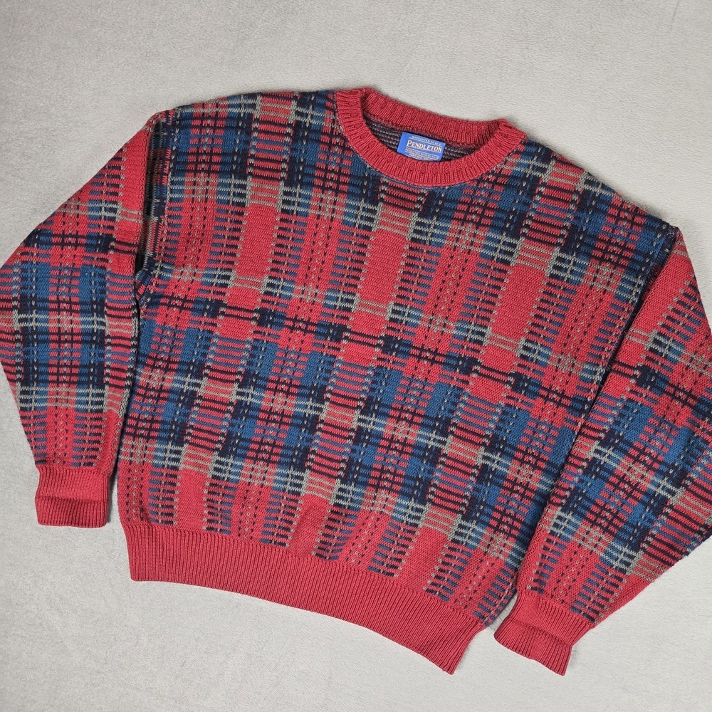 Vintage Pendleton Sweater Mens Medium Plaid Cotton Knit Crewneck Made in USA